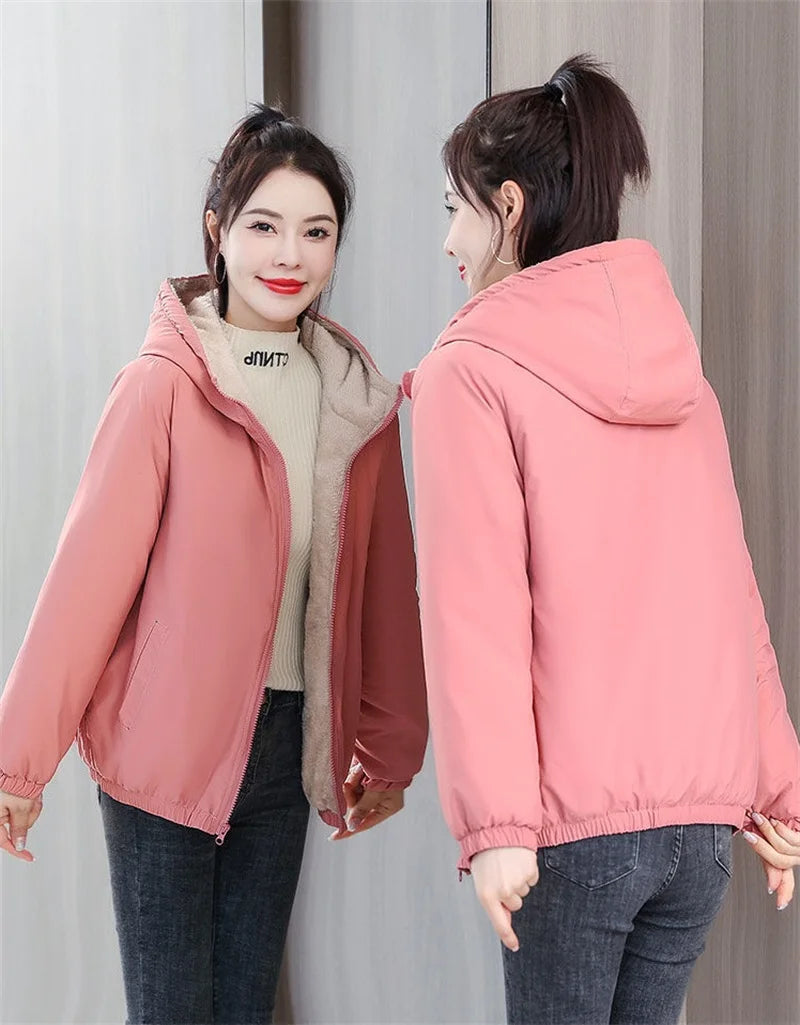 Add Velvet Padded Coat Women 2024 Winter Hooded Outerwear Ladies Warm Cotton-Padded Jacket New Fashion Overcoat Short Female Top