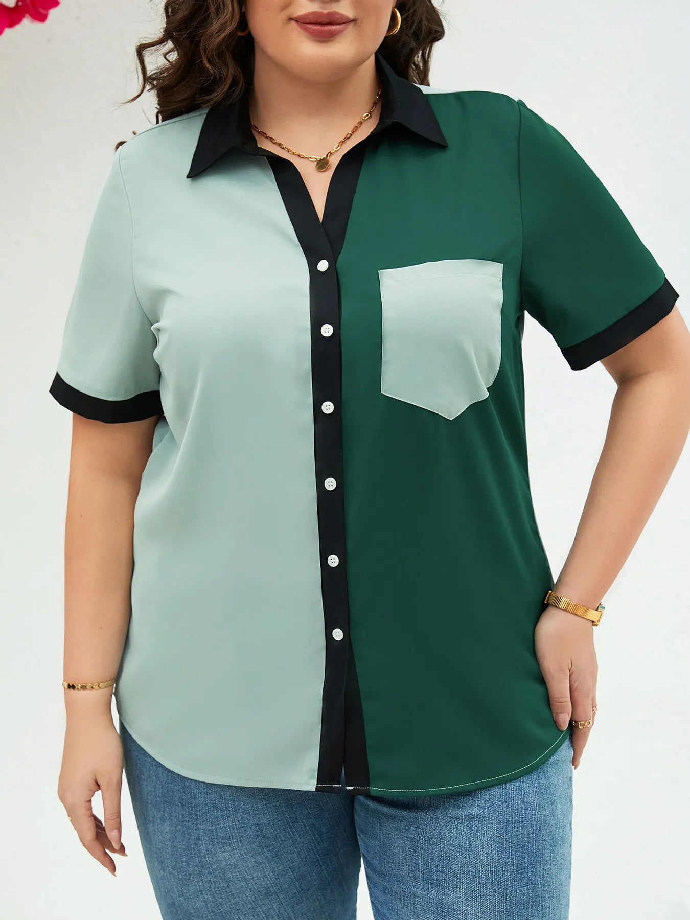 Plus Size Casual Blouse, Women's Plus Colorblock Button Up Short Sleeve Turn Down Collar Blouse