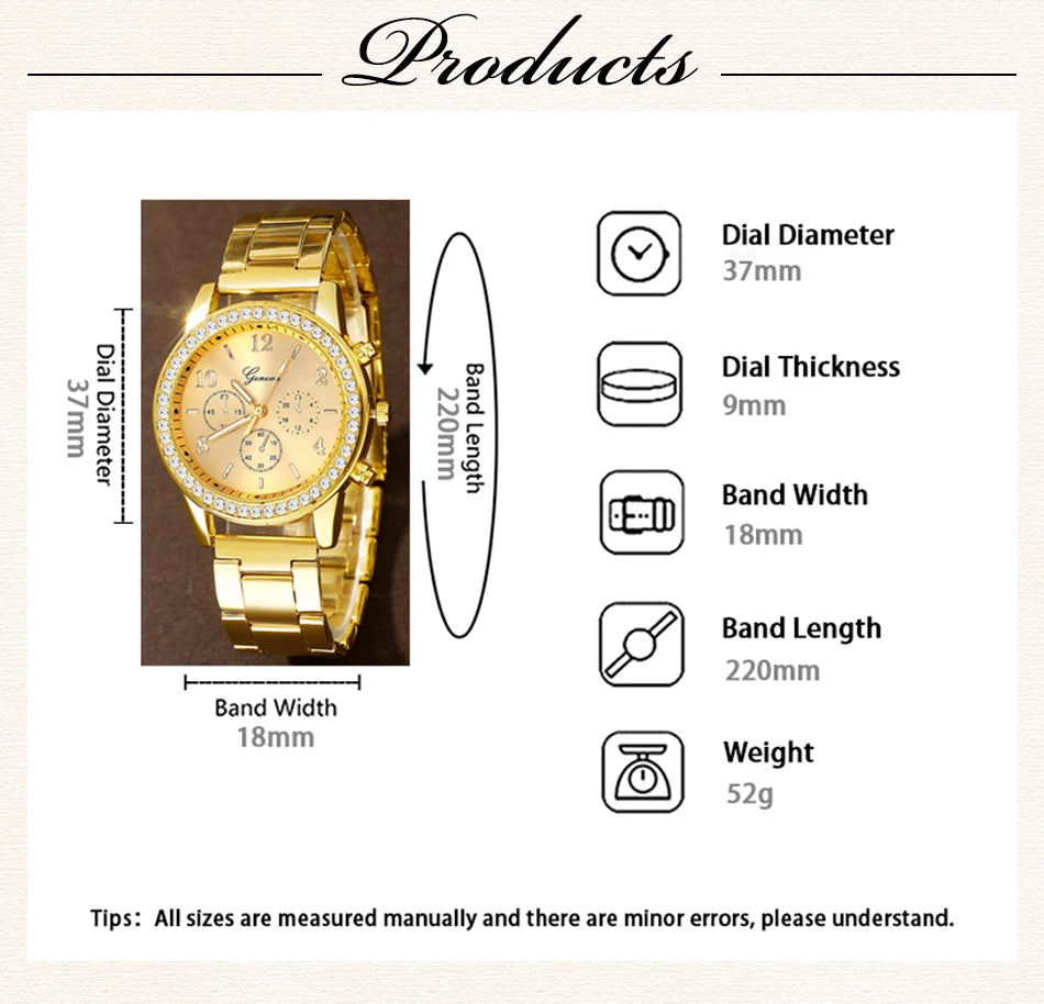 6PCS Set Golden Luxury Watch Women Ring Necklace Earring Rhinestone Fashion Wristwatch Casual Ladies Bracelet Watches