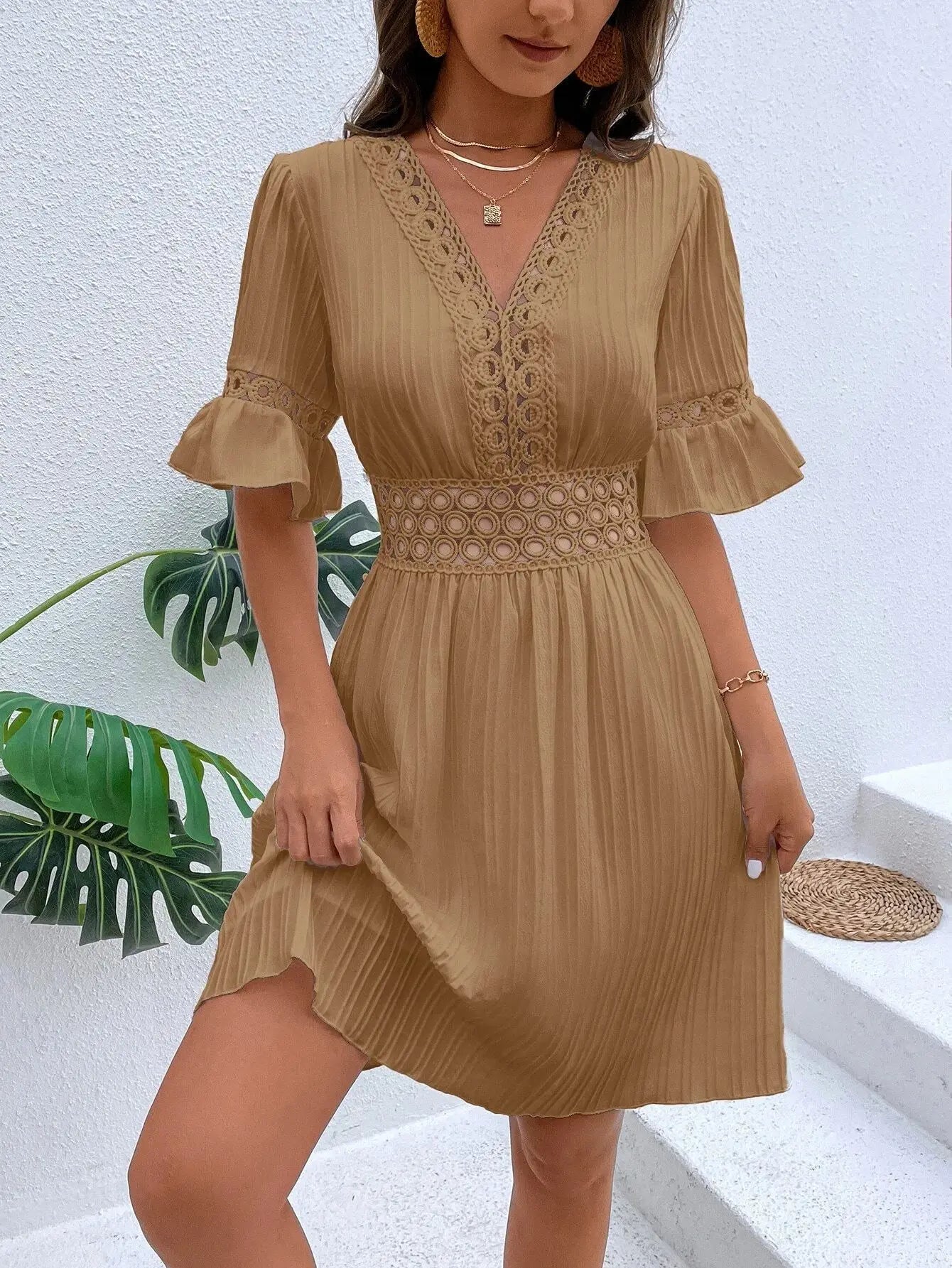 Elegant Women's Midi Dress 2024 Summer New Spliced Lace Fashion V-neck Waistband Solid White Dress Vacation