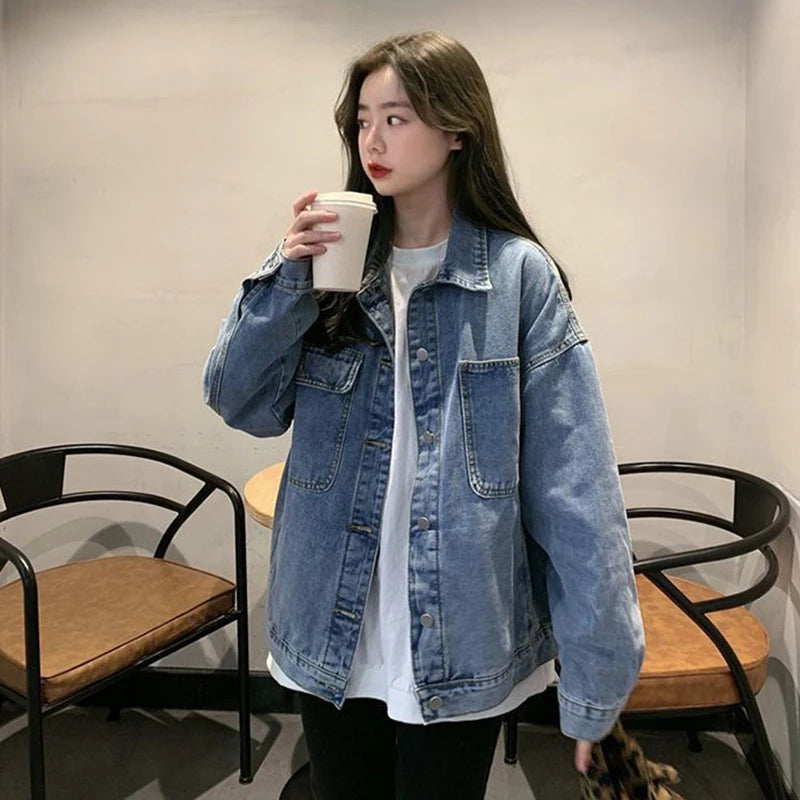 Women's Loose Denim Coat Korean Style Single-Breasted Long Sleeve Jacket Woman 2024 Spring Autumn Vintage Casual Jean Tops Mujer