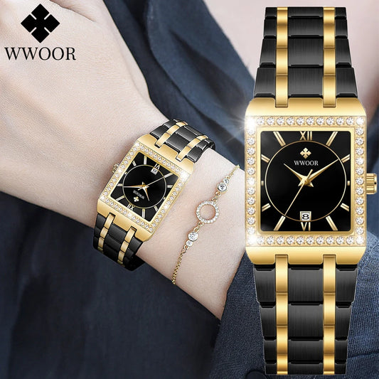 WWOOR Reloj New Fashion Ladies Diamond Watch Top Brand Luxury Square Wrist Watch Simple Women Dress Small Watch Relogio Feminino