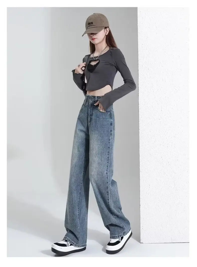 Vintage High-waisted Slimming Jeans Women's Straight-leg Pants Hong Kong Style Bell Bottoms Trendy Gradient Pants For Women