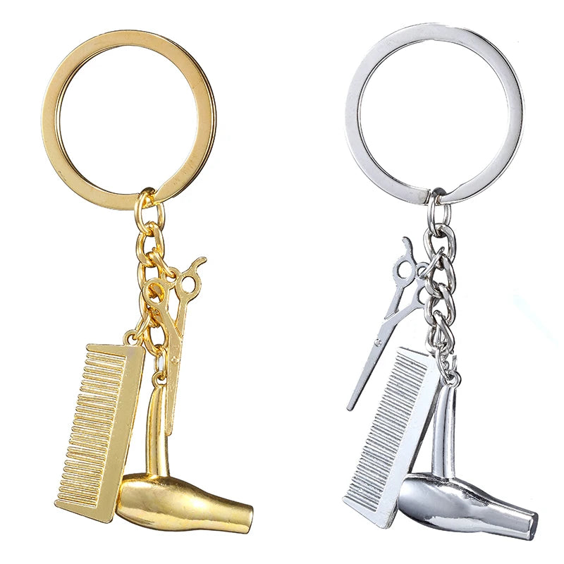 Fashion Creative Key Chain Hair Dryer Scissor Comb Shape Pendant Key Ring Men Women Gold Silver Color Metal Car Key Holder Gifts