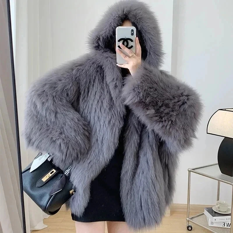 Trendy Hooded Faux Fox Fur Coats super Warm Winter Furry Jacket Women Streetwear Plush Clothing Loose Casual Whiter Chaquetas