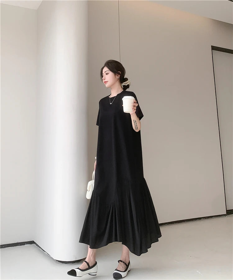 NYFS 2024 Summer New Korea Irregular Woman Dress Vestidos Robe Elbise Loose Plus Size Patchwork Short Sleeve Long Dress