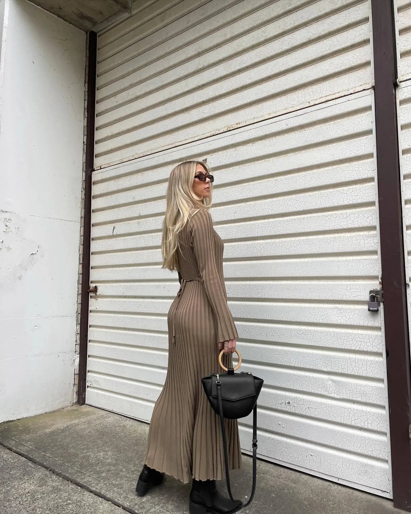 Lace-Up Female Knit Maxi Dress Autumn High Waist Fashion Patchwork Long Sleeve Loose Solid Dress Bandage Knitwear Dress