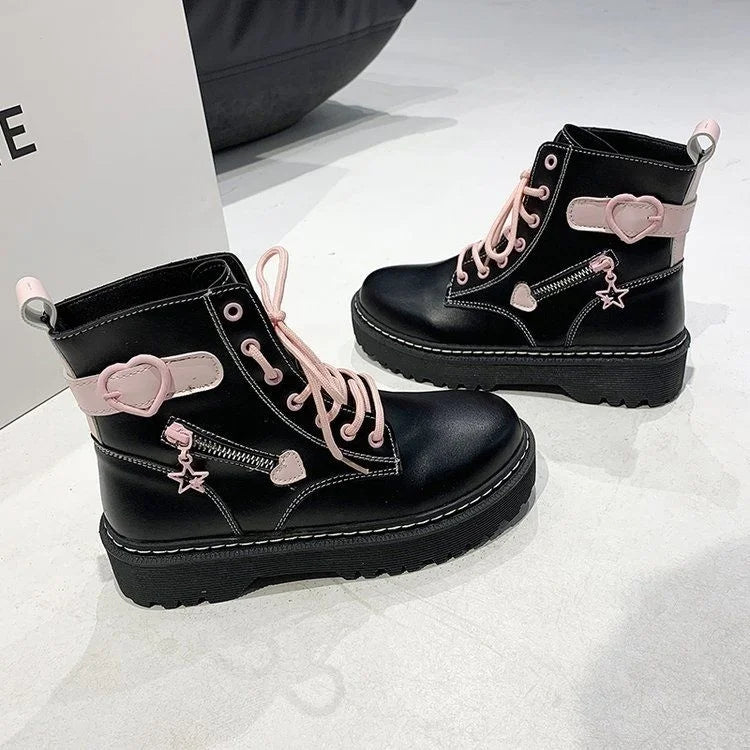 New College Style Martin Boots Women Autumn 2021 Girl Love Round Toe Lace-up Short Boots Y2k Aesthetic Goth Punk Platform Shoes