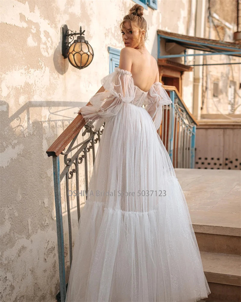 Fashion Sweetheart Neck A-Line Wedding Dresses Detachable Puff Sleeves Floor Length Bridal Gowns Vestidos De Noiva