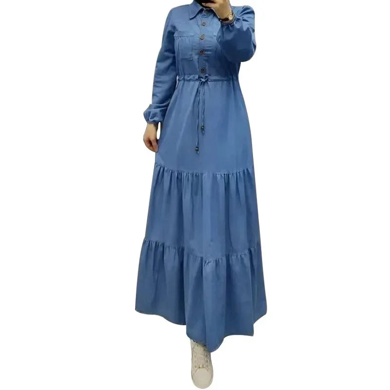 Femme Caftan Islam Clothing Elegant Denim Dress Single-breasted Dubai Turkey Kaftan Muslim Turn Down Collar Dresses for Women