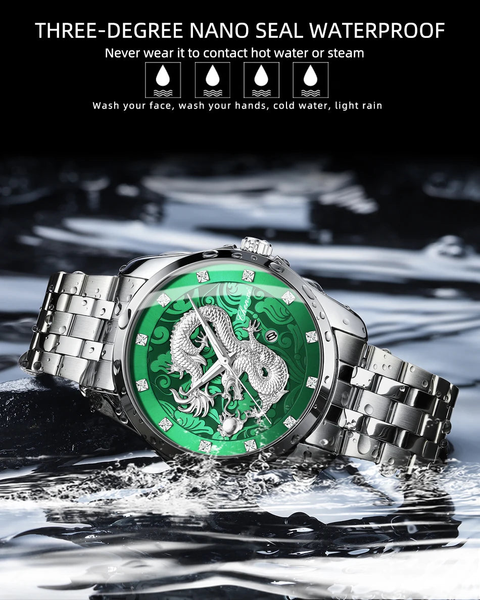 Chenxi 8220 Dragon Totem Embossed Calendar Waterproof Men's Chinese Style Wrist Watch Steel Band Business