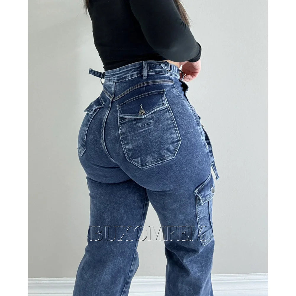 2024 Multi-Pocket Cargo Jeans Women's Wide Leg Pants Unique New High Waist Trousers Y2k Streetwear Bagger Pants for Large Sizes