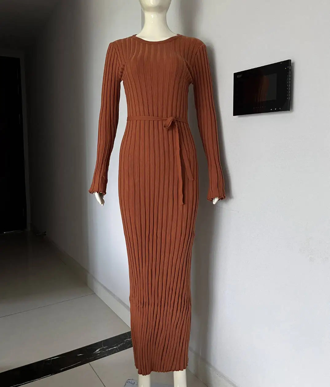 Lace-Up Female Knit Maxi Dress Autumn High Waist Fashion Patchwork Long Sleeve Loose Solid Dress Bandage Knitwear Dress