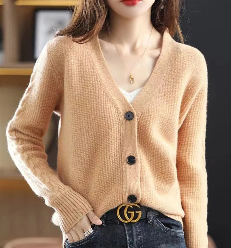 NewFall Fashion V Neck Women Knitted Sweater Cardigan Long Sleeve Soft Slim Sweater Outwear Femlae Solid Casual Knitted Sweater