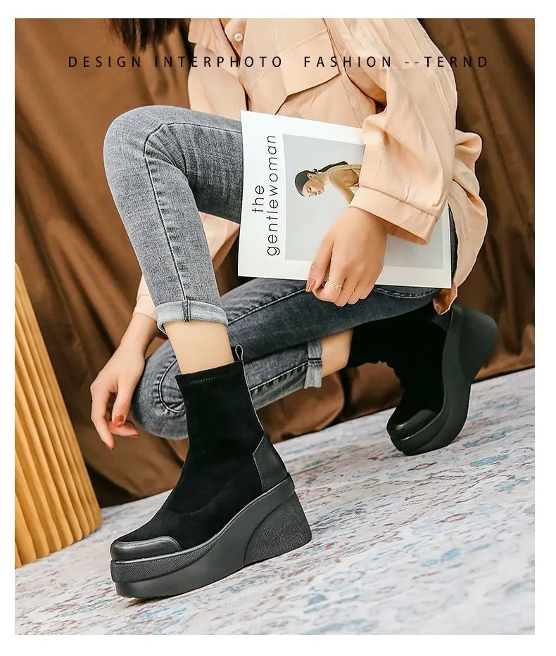 Autumn Increase Platform Short Boots Classic Black Wedges Shoes for Women Fashion Casual Comfy Lady Sneakers Botas Plataforma52