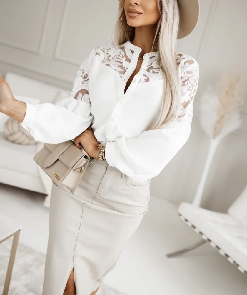 Autumn Women's White Blouses Winter Elegant New Lace Patchwork Hollow Out Black Shirt Women Streetwear Tops Female Clothing 2024