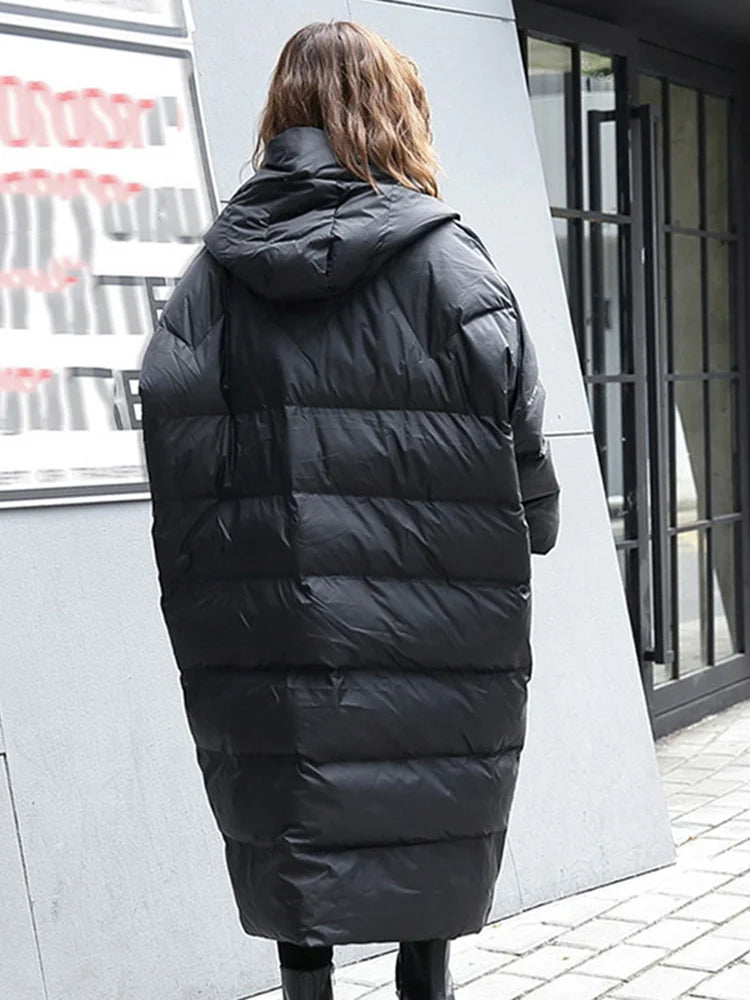 [EAM] Big Size Long Hooded Cotton-padded Coat Long Sleeve Loose Fit Women Parkas Fashion Tide New Autumn Winter 2024 JD1210