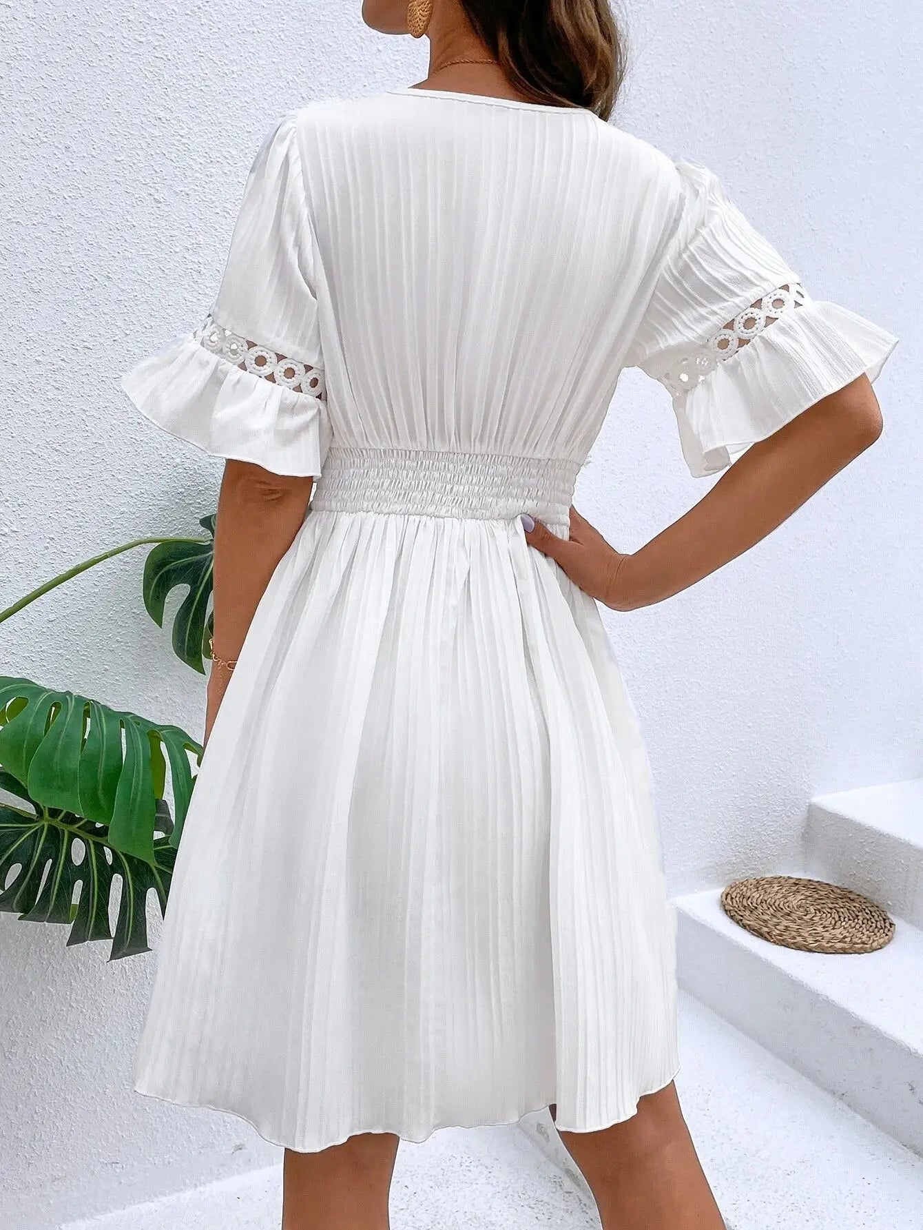 Elegant Women's Midi Dress 2024 Summer New Spliced Lace Fashion V-neck Waistband Solid White Dress Vacation