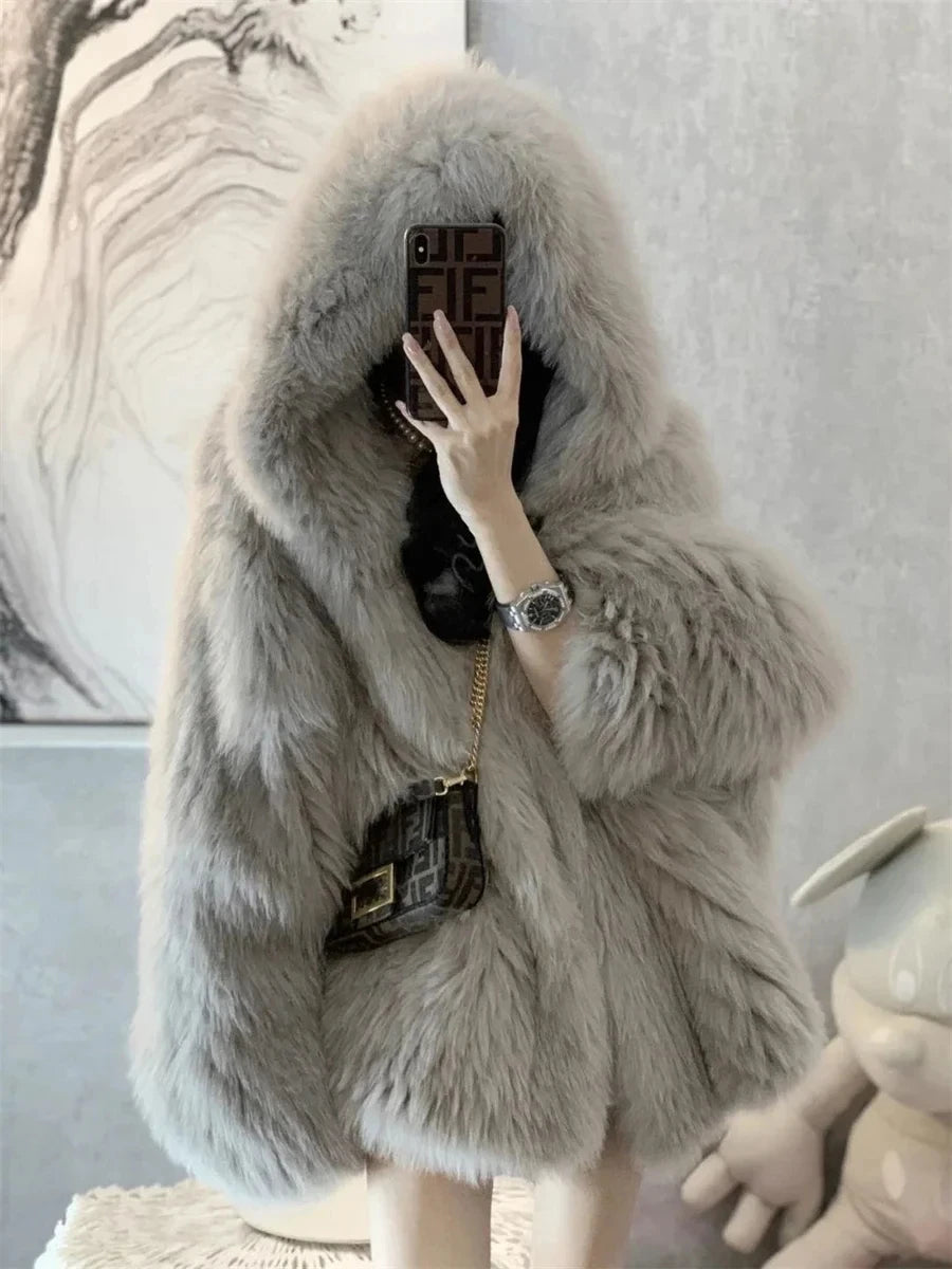 Trendy Hooded Faux Fox Fur Coats super Warm Winter Furry Jacket Women Streetwear Plush Clothing Loose Casual Whiter Chaquetas