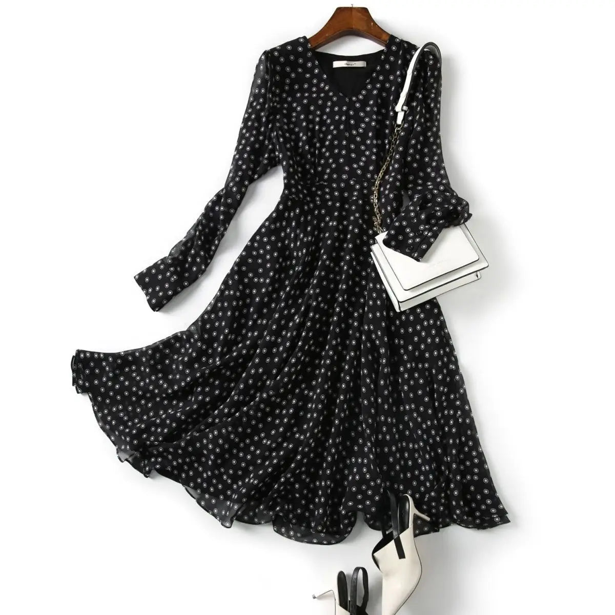 Polka Dot Print Chiffon Elegant Dresses for Women 2023 Summer New Vintage Fashion V-Neck Half Sleeve Casual Ladies Midi Dress