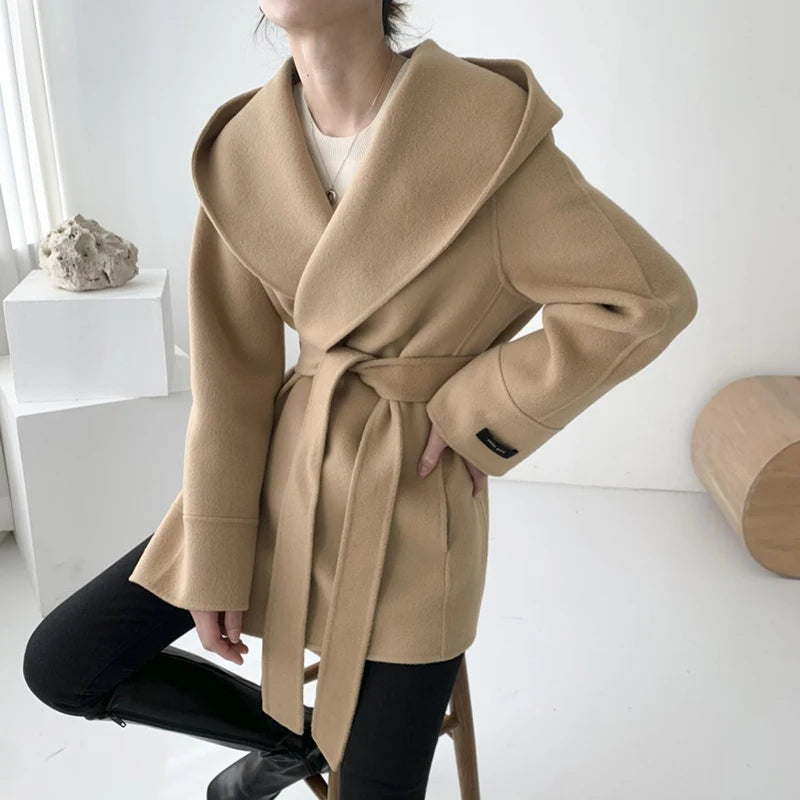 Elegant Wool Blends Coats Women Korean Black Hooded Woolen Jackets Ladies Fashion Bandage Overcoat Winter Commute Outerwears New