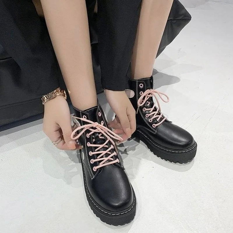 New College Style Martin Boots Women Autumn 2021 Girl Love Round Toe Lace-up Short Boots Y2k Aesthetic Goth Punk Platform Shoes