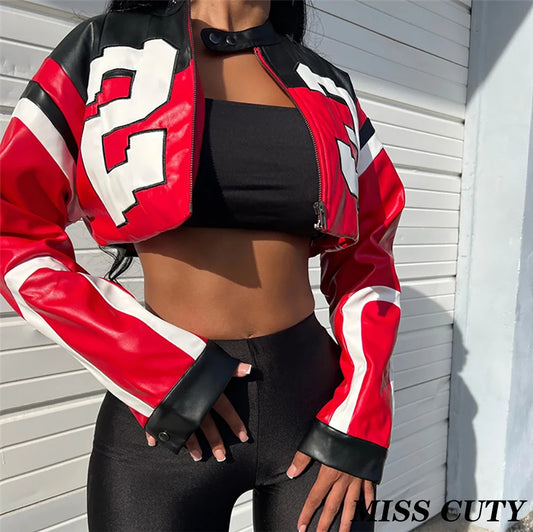 Winter Leather Jackets Women Crop Varsity Baseball Coats Y2K Streetwear 2023 Cyber Racer Patchwork Cropped Jackets Coats