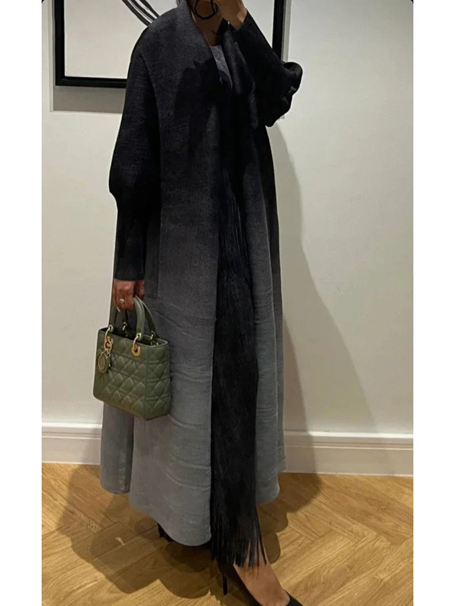 ALSEY Miyake Pleated Vintage Printed Turn-down Collar Long Sleeve Long Jacket Women Spring Summer Dubai Style Plus Size Coat