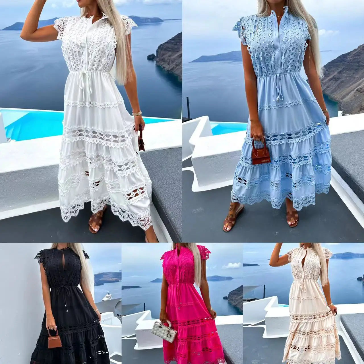 Women Summer Dress Lace Hollowed Out Splicing Retro Romantic Round Neck Seaside Beach A Ling Dresses have Lining