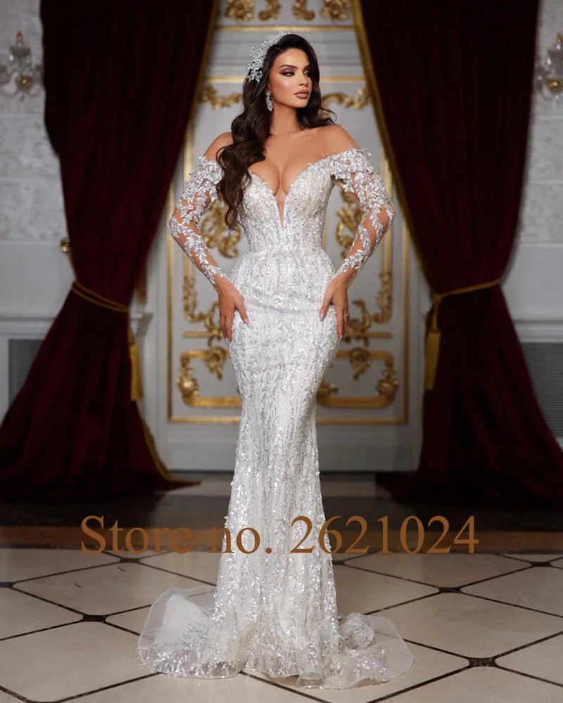 All Over Shiny Beading Crystal Sequins Long Sleeve 2 pieces Mermaid Wedding Dress With Gorgeous Detachable Train