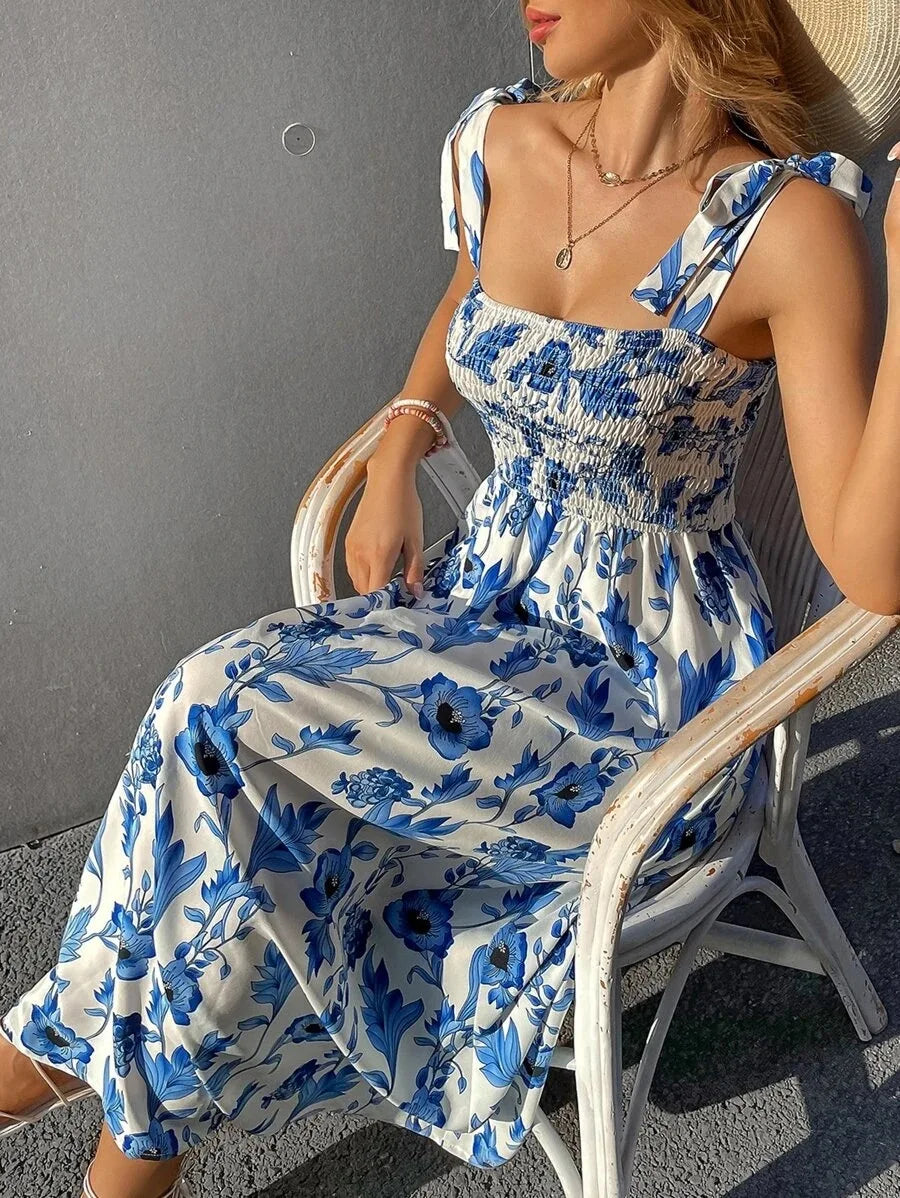 Floral Long Dress Women Fashion Backless Sleeveless Bandage Beach Sundress Casual Green Summer Ladies New In Dresses 2023