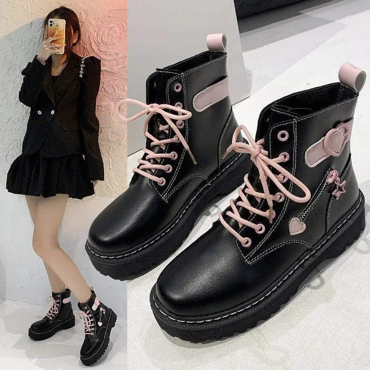 New College Style Martin Boots Women Autumn 2021 Girl Love Round Toe Lace-up Short Boots Y2k Aesthetic Goth Punk Platform Shoes