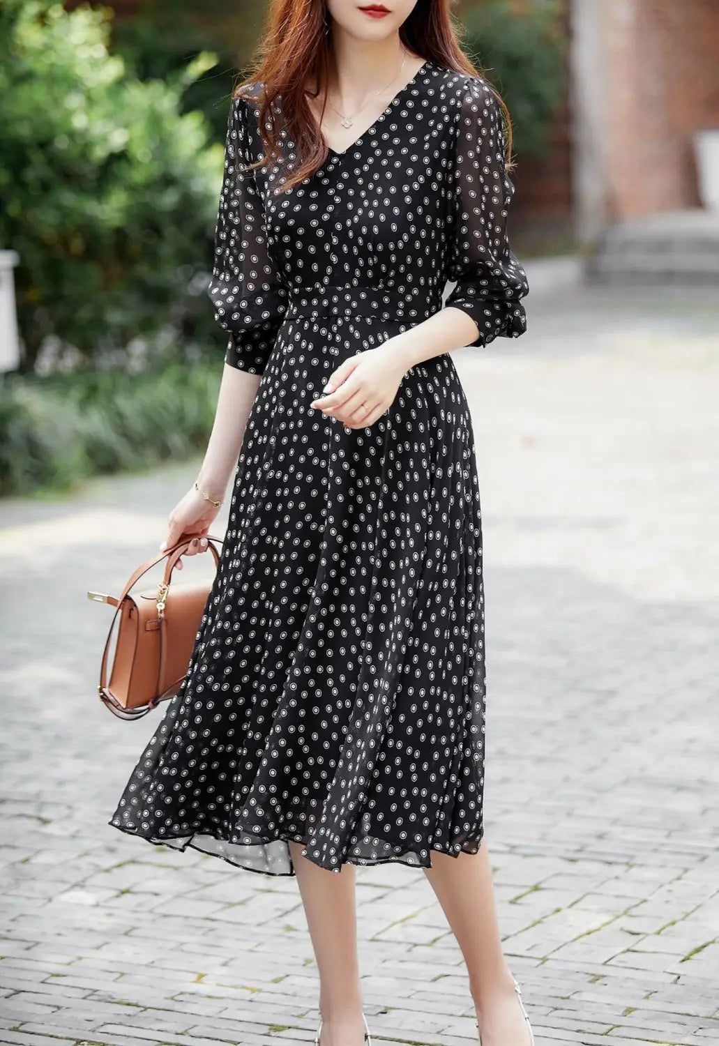 Polka Dot Print Chiffon Elegant Dresses for Women 2023 Summer New Vintage Fashion V-Neck Half Sleeve Casual Ladies Midi Dress