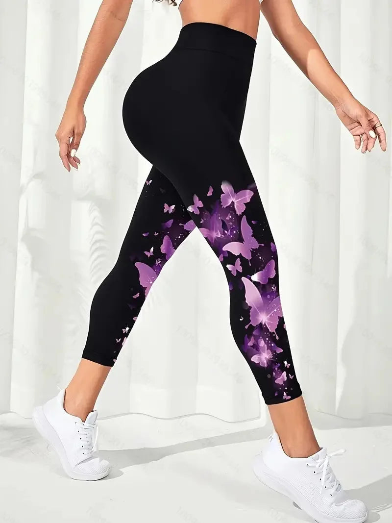 Butterfly print stretch slim leggings, casual stretch tight leggings