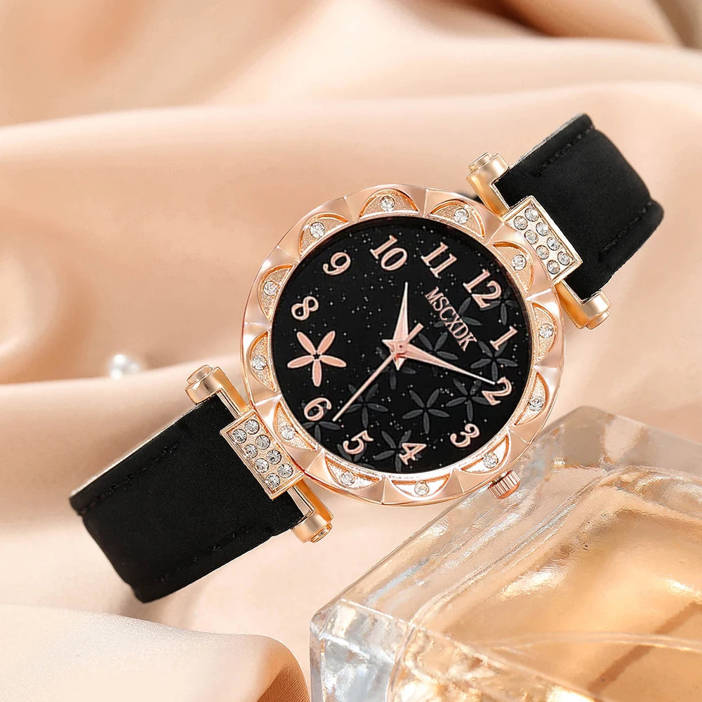 6pcs Black Flower Quartz Watch Dainty Bracelet For Women Leisure Casual Round Rhinestone Hollowed Pattern Bracelet Set