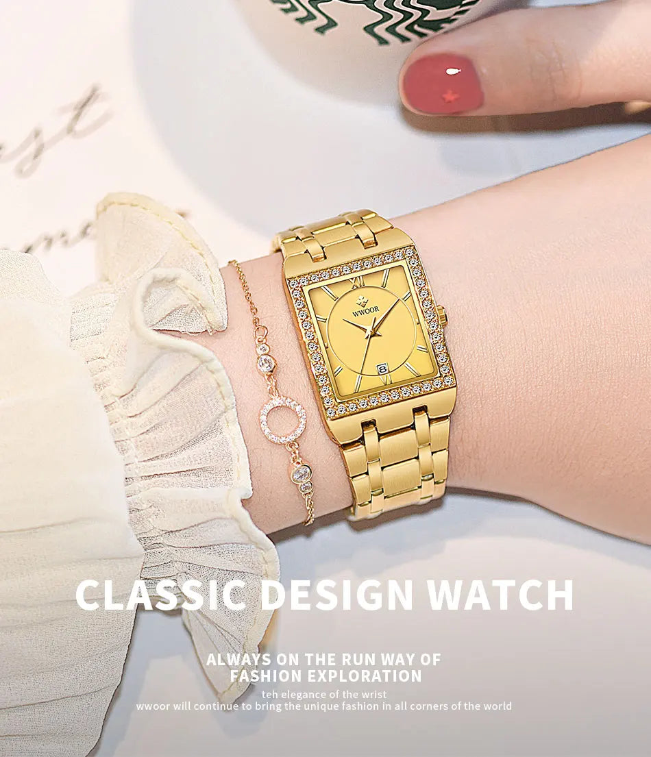 WWOOR Reloj New Fashion Ladies Diamond Watch Top Brand Luxury Square Wrist Watch Simple Women Dress Small Watch Relogio Feminino