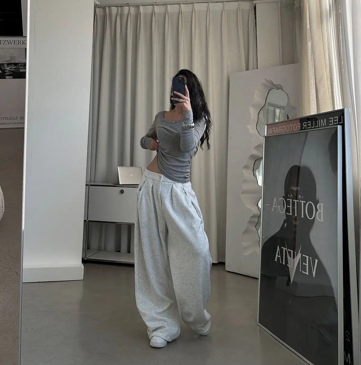 QWEEK Oversized Women Grey Sweatpants Y2k America Style Retro Baggy Pants Casual Sports Streetwear Hip Hop Trousers Joggers