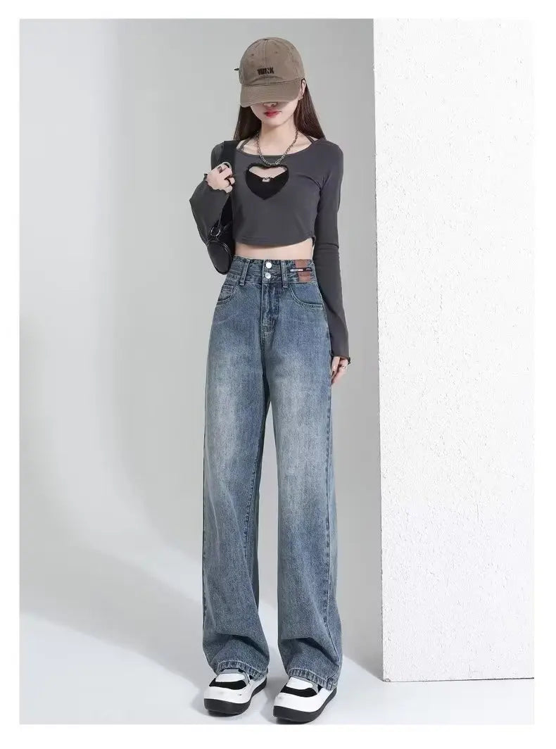 Vintage High-waisted Slimming Jeans Women's Straight-leg Pants Hong Kong Style Bell Bottoms Trendy Gradient Pants For Women