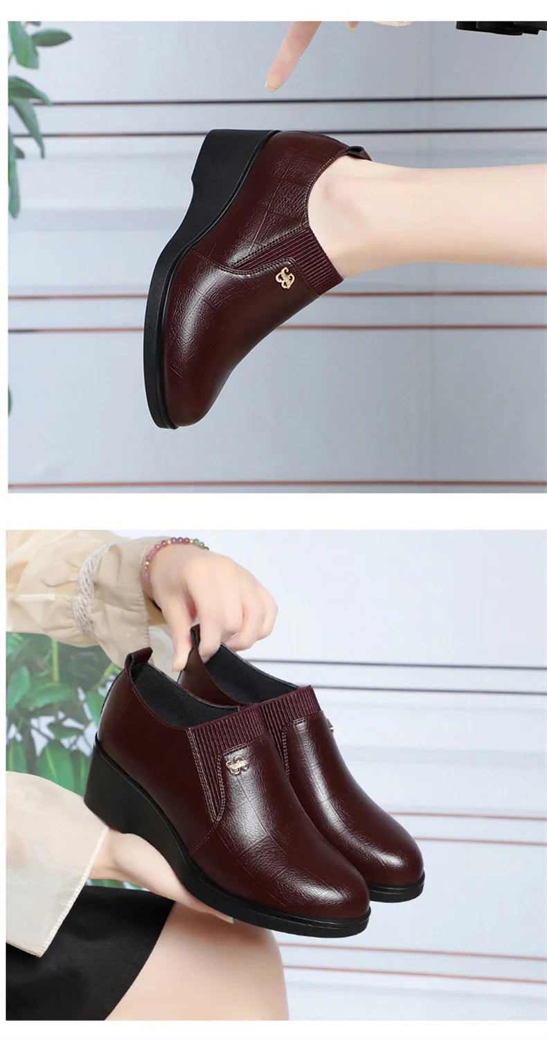 4.5cm Comfortable Deep Mouth Soft Leather Shoes Flexible Loafers Women 2024 Spring Platform Wedges Shoes for Office Mom Work