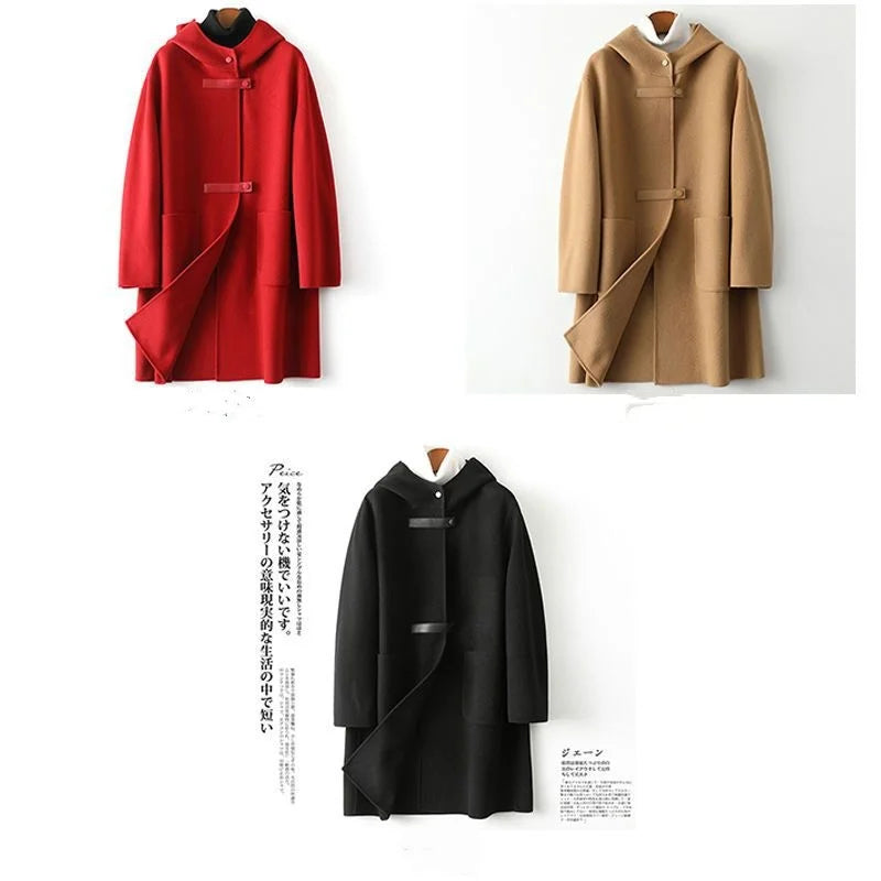 New Fashion Hooded Double-sided Cashmere Coat Women Autumn Winter Double-sided Woolen Windbreakers Temperament Slim Wool Coats