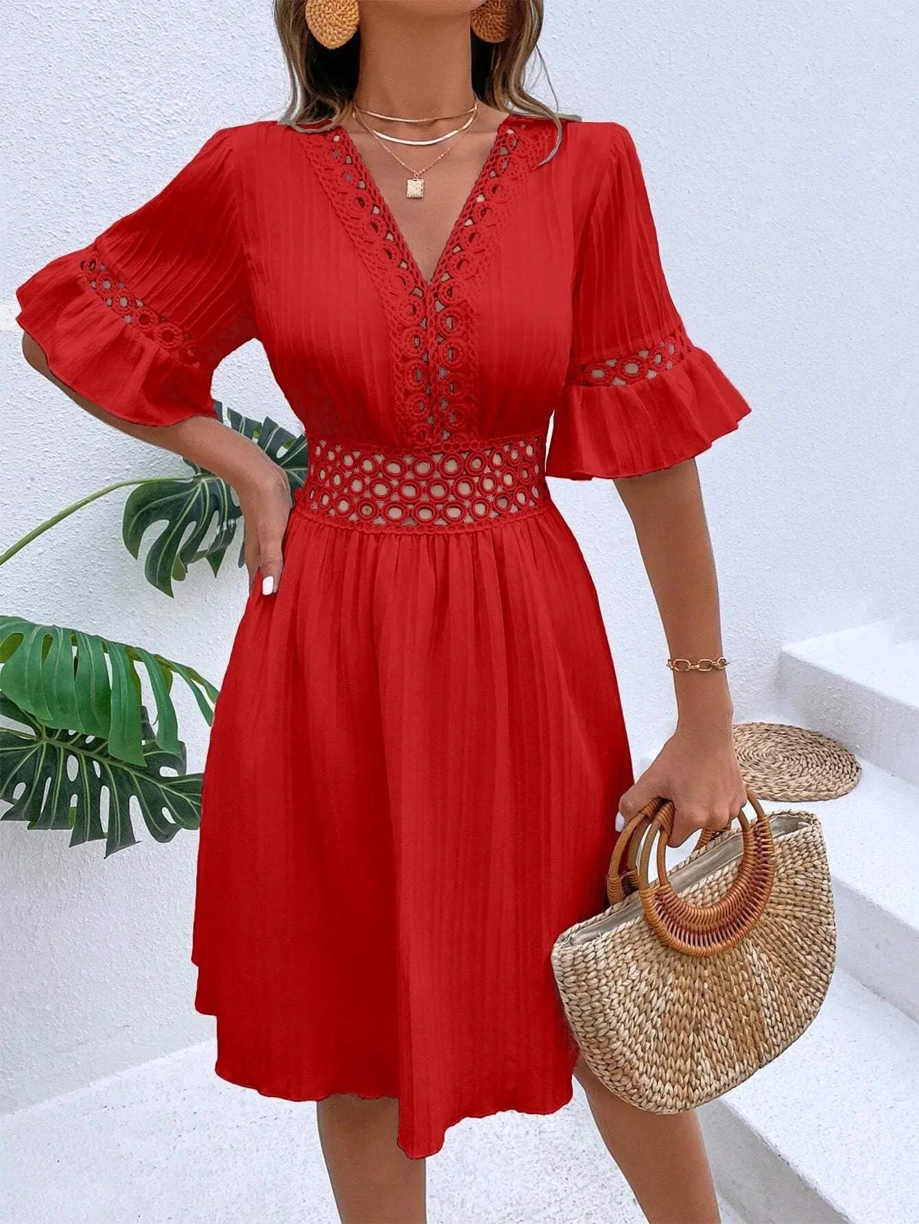 Elegant Women's Midi Dress 2024 Summer New Spliced Lace Fashion V-neck Waistband Solid White Dress Vacation