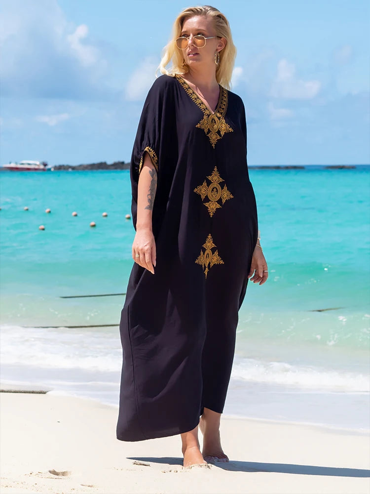 2023 Elegant Gold Embroidered Loose Kaftan House Robe Retro V-neck White Dress Women Summer Beach Wear Swim Maxi Dresses N1373