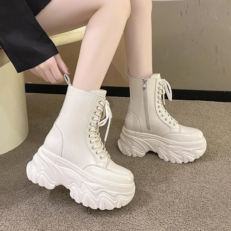 Punk Super High Platform Boots Women Chunky Heels Lace Up Motorcycle Boots Woman Black White Thick Bottom Ankle Booties Female