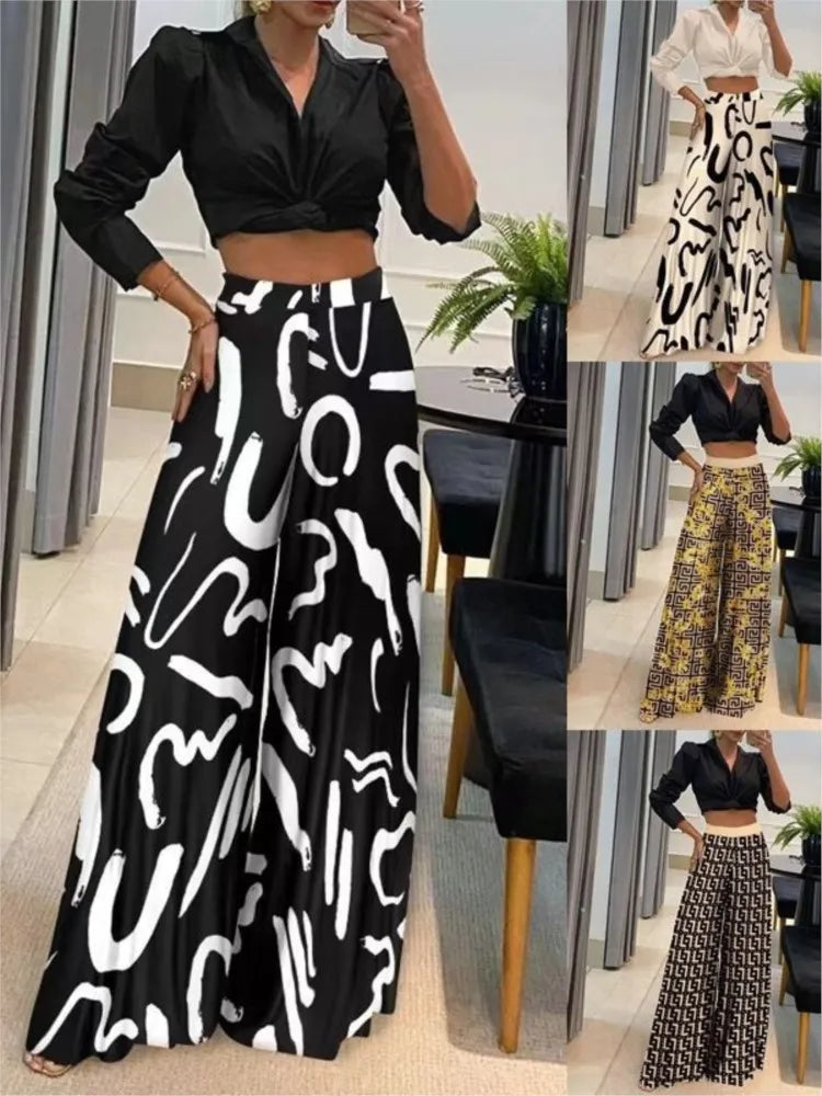 spring summer Long Pant Women High Waist Wide Leg Trousers print New Ladies Casual Fashion Party Elegant Pant Suits