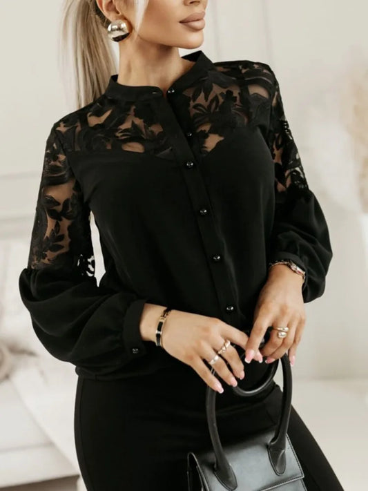 Autumn Women's White Blouses Winter Elegant New Lace Patchwork Hollow Out Black Shirt Women Streetwear Tops Female Clothing 2024