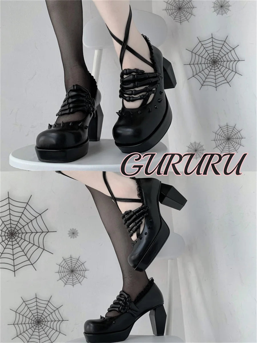 Antique Dark Punk Style Goth Girls Shoes Lolita Cosplay Round Head Thick Bottom Cross Rivet Lace Skull 8cm High Heel Shoes