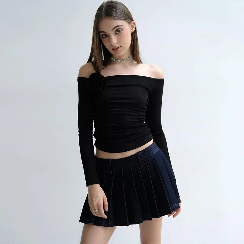 Dulzura Mesh Patchwork Women Long Sleeve Crop T Shirt Ruched Off Shoulder Bodycon Sexy Elegant Streetwear 2024 Spring Summer