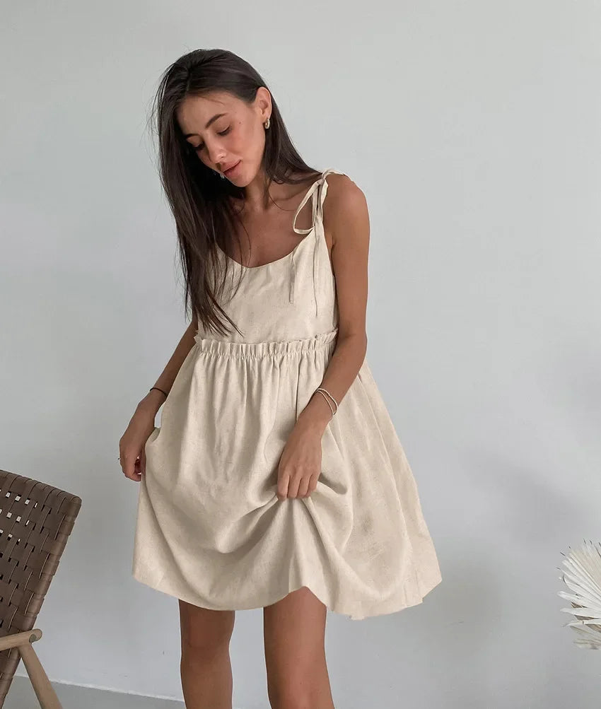 Simple Cotton Backless Suspender Dress Spring and Summer Beach Style Women's Loose Soft Ruffled Edge A-line Suspender Dress