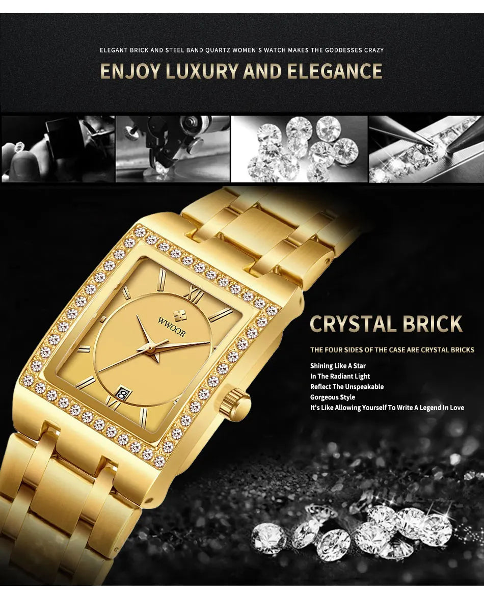 WWOOR Reloj New Fashion Ladies Diamond Watch Top Brand Luxury Square Wrist Watch Simple Women Dress Small Watch Relogio Feminino