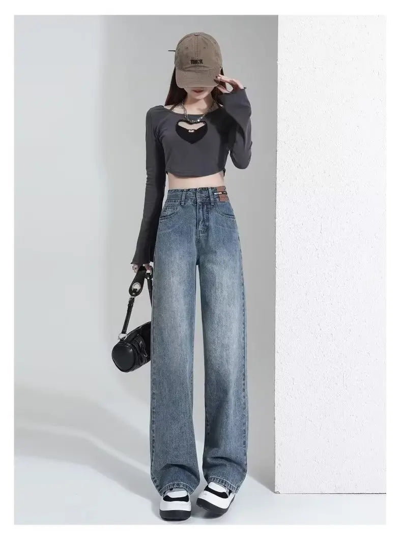 Vintage High-waisted Slimming Jeans Women's Straight-leg Pants Hong Kong Style Bell Bottoms Trendy Gradient Pants For Women